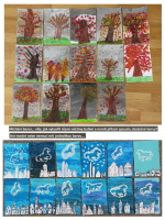 tvoření - míchání temperových barev (různé odstíny šedé a modré), kresba tuší